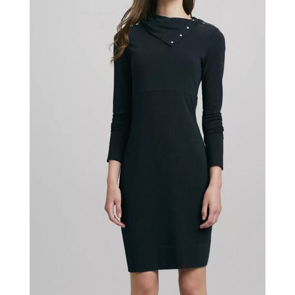 DVF Diane Von Furstenberg Turtle Snap Turtleneck Cotton Blend Dress Black Size L - Picture 8 of 8